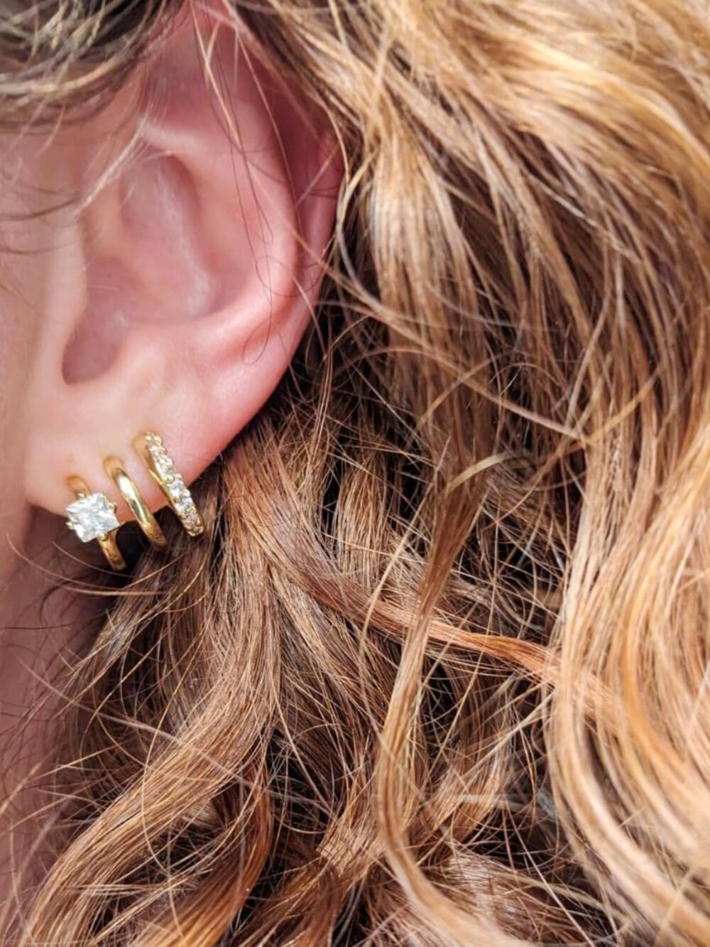 14k Gold Plated Illusion Stud Earrings For Women | Triple Huggie Hoop Earrings F View 3
